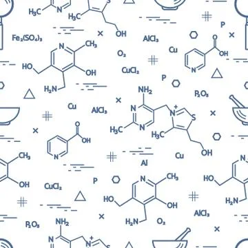 Seamless pattern with scientific, education elements: molecular structure, fo Illustrazione stock