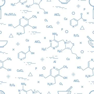 Seamless pattern with scientific, education elements: molecular structure, fo 스톡 일러스트
