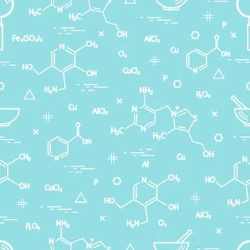 Seamless pattern with scientific, education elements: molecular structure, fo イラスト素材