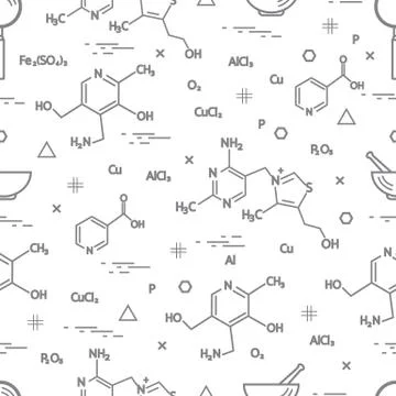 Seamless pattern with scientific, education elements: molecular structure, fo Illustrazione stock