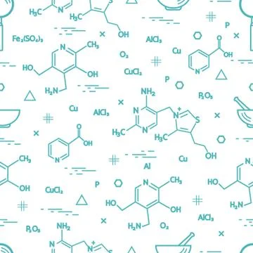 Seamless pattern with scientific, education elements: molecular structure, fo Illustrazione stock