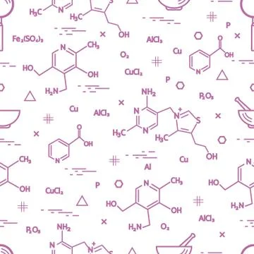 Seamless pattern with scientific, education elements: molecular structure, fo 스톡 일러스트