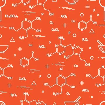 Seamless pattern with scientific, education elements: molecular structure, fo Illustrazione stock