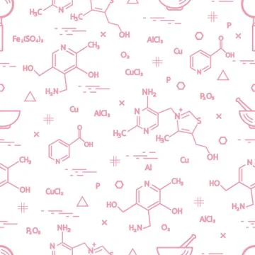 Seamless pattern with scientific, education elements: molecular structure, fo Illustrazione stock
