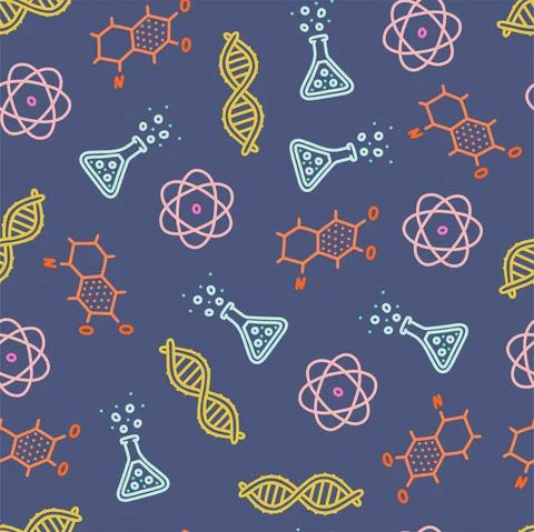 Seamless pattern with scientific objects. Hand drawn DNA molecule, atom and Illustrazione stock