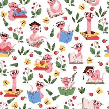 Seamless pattern with scientist worm wearing glasses with books. Decor textile Stock Illustration