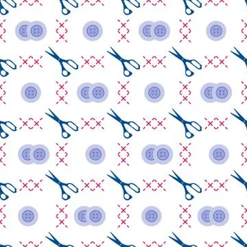 Seamless pattern with scissors and buttons. Sewing イラスト素材