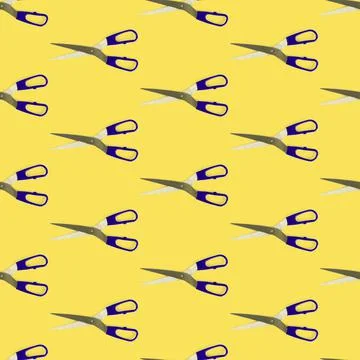 Seamless pattern of scissors separated from the yellow flat layer. Scissors with Ilustración de archivo