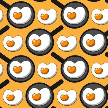 Seamless pattern with Scrambled eggs in a heart-shaped frying pan Stock Illustration