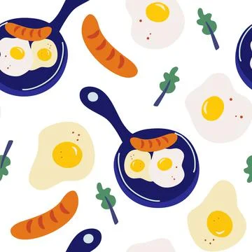 Seamless pattern with scrambled eggs. Vector morning breakfast seamless patte Stock Illustration