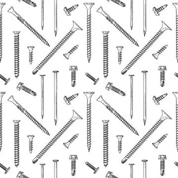 Seamless pattern with screws, nails isolated on a white background. Vector Stock Illustration