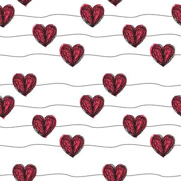 Seamless pattern with scribble hearts and stripes Stock Illustration