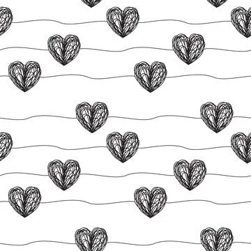 Seamless pattern with scribble hearts and stripes Illustrazione stock