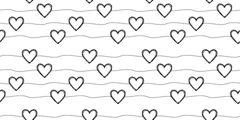 Seamless pattern with scribble hearts and stripes Stock Illustration