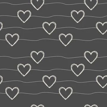 Seamless pattern with scribble hearts and stripes Stock Illustration