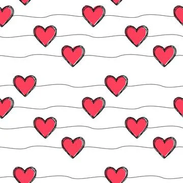Seamless pattern with scribble hearts and stripes Stock Illustration