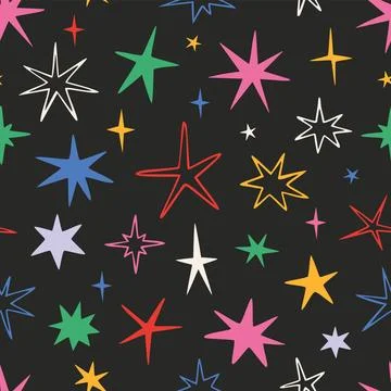 Seamless pattern with scribble stars and sparks. Cheerful and trendy design.. Illustrazione stock