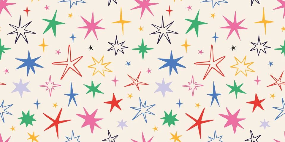 Seamless pattern with scribble stars and sparks. Cheerful and trendy design.. Illustrazione stock
