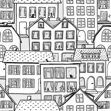 Seamless pattern of scribbled houses in black and white Stock-Illustration