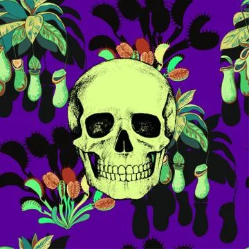 Seamless pattern with scull and carnivorous plants. Stock Illustration