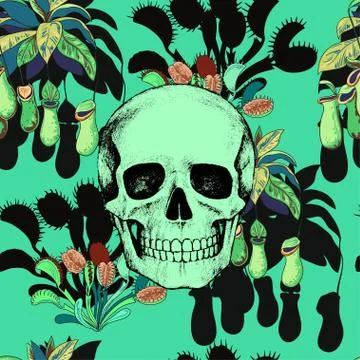 Seamless pattern with scull and carnivorous plants. 스톡 일러스트