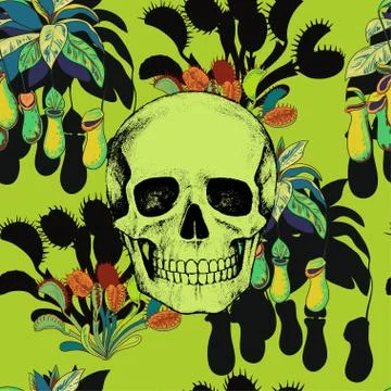Seamless pattern with scull and carnivorous plants. 스톡 일러스트