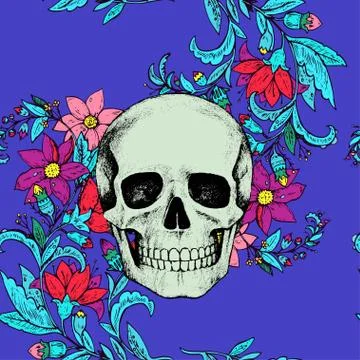 Seamless pattern with scull and vintage flowers. 스톡 일러스트