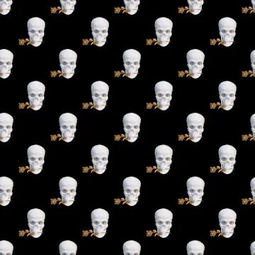 Seamless pattern. Sculpture of a skull head with a gold rose on a black backg Stock Photos