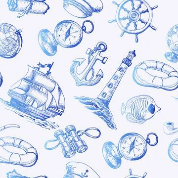 Seamless pattern with Sea Adventure elements in sketch style Stock Illustration