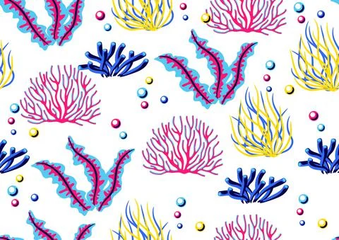 Seamless pattern with sea algae and corals. Marine life aquarium and sea flora. Illustrazione stock