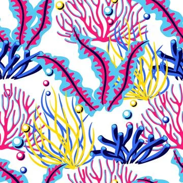 Seamless pattern with sea algae and corals. Marine life aquarium and sea flora. 库存插图