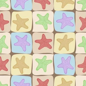 Seamless pattern of the sea and the ocean. Uneven square tiles with starfish. Stock Illustration
