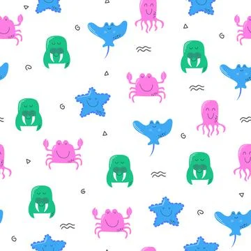 Seamless pattern with sea and ocean animals. Repeat design with sea creatures 스톡 일러스트