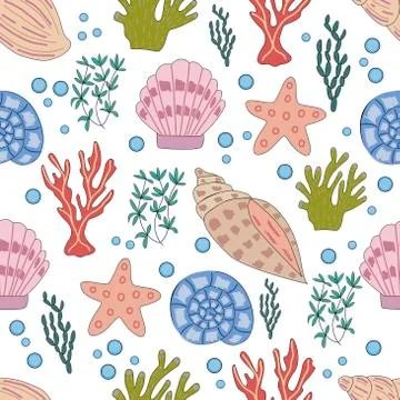 Seamless pattern of sea animals and corals in vector graphics on a white Stock Illustration