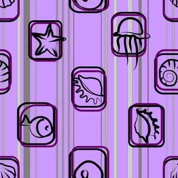 Seamless pattern of sea animals and shells on a lilac striped background, tex Stock Illustration