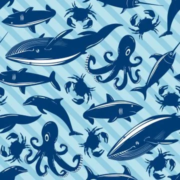 Seamless pattern with sea animals on blue striped background Illustrazione stock