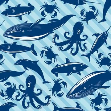 Seamless pattern with sea animals on blue striped background Seamless patt... Stock Photos