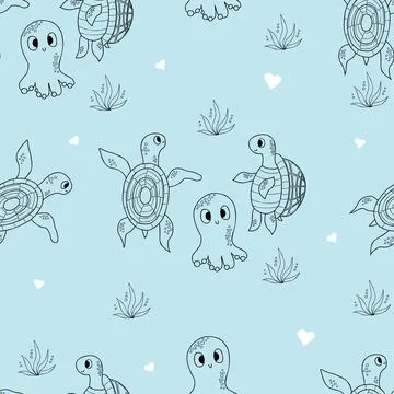 Seamless pattern with sea animals. Cute octopus and turtles on blue backgro.. Stock Illustration