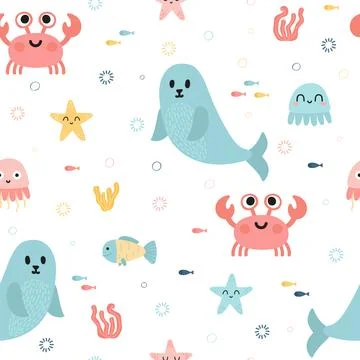 Seamless pattern with sea animals. Fish, starfish, jellyfish, seaweeds and .. 스톡 일러스트