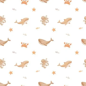 Seamless pattern with sea animals, hand drawn repeating background. Allover.. Stock Illustration