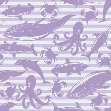 Seamless pattern with sea animals on violet striped background Stock Illustration