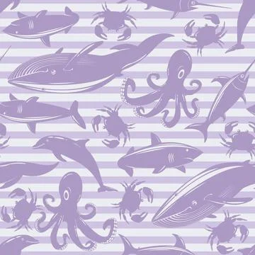Seamless pattern with sea animals on violet striped background Seamless pa... Stock Photos