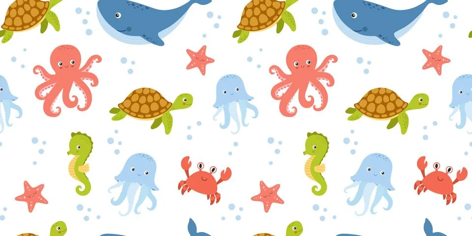 Seamless pattern with sea animals on white background, underwater life, vec.. Stock Illustration