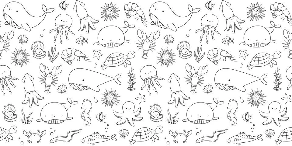 Seamless pattern with sea animals on white background, underwater life, vec.. Illustrazione stock