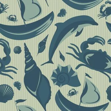 Seamless pattern Sea-blue seamless pattern with shells, dolphins and a shi... Stock Photos