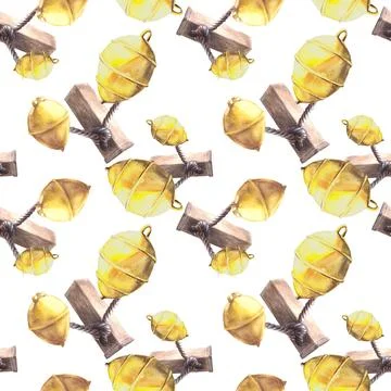 Seamless pattern sea bollards yellow buoys ropes Watercolor illustration Is.. Stock Illustration