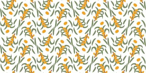 Seamless pattern with sea buckthorn branches and berries, perfect for repre.. Stock Illustration