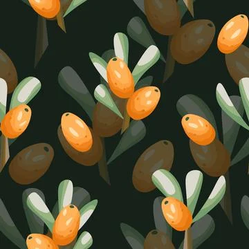 Seamless pattern with sea buckthorn. Natural fresh ripe tasty berries. Vector イラスト素材