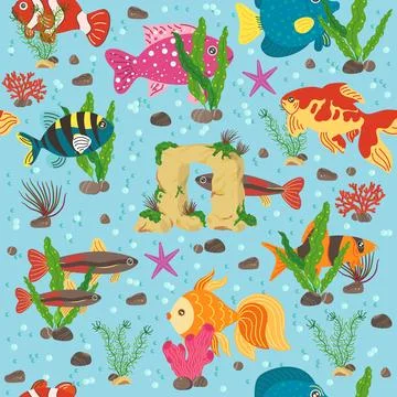 Seamless pattern with sea fish. Underwater world. Decorative algae and stones Illustrazione stock
