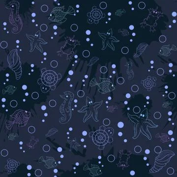 Seamless pattern sea life on the dark background Stockillustratie